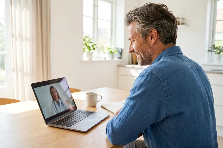 A man at his kitchen table on a video visit with a clinician