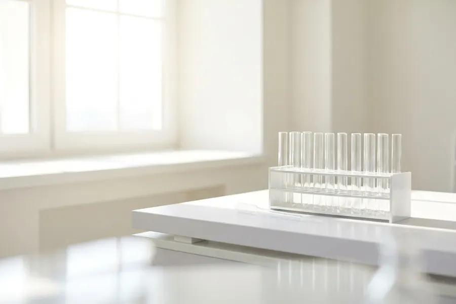 A rack of clean sample tubes on a bright laboratory bench