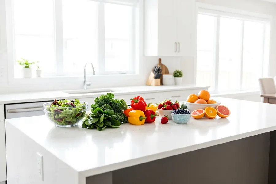 Fresh colourful whole food on a sunlit kitchen counter