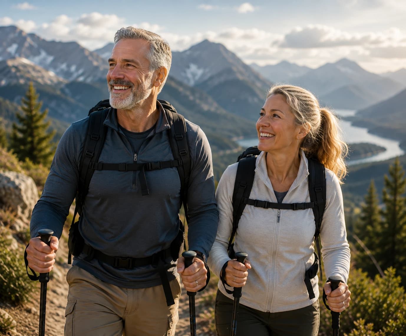 A man and a woman hiking a mountain trail together with poles and packs, looking ahead.