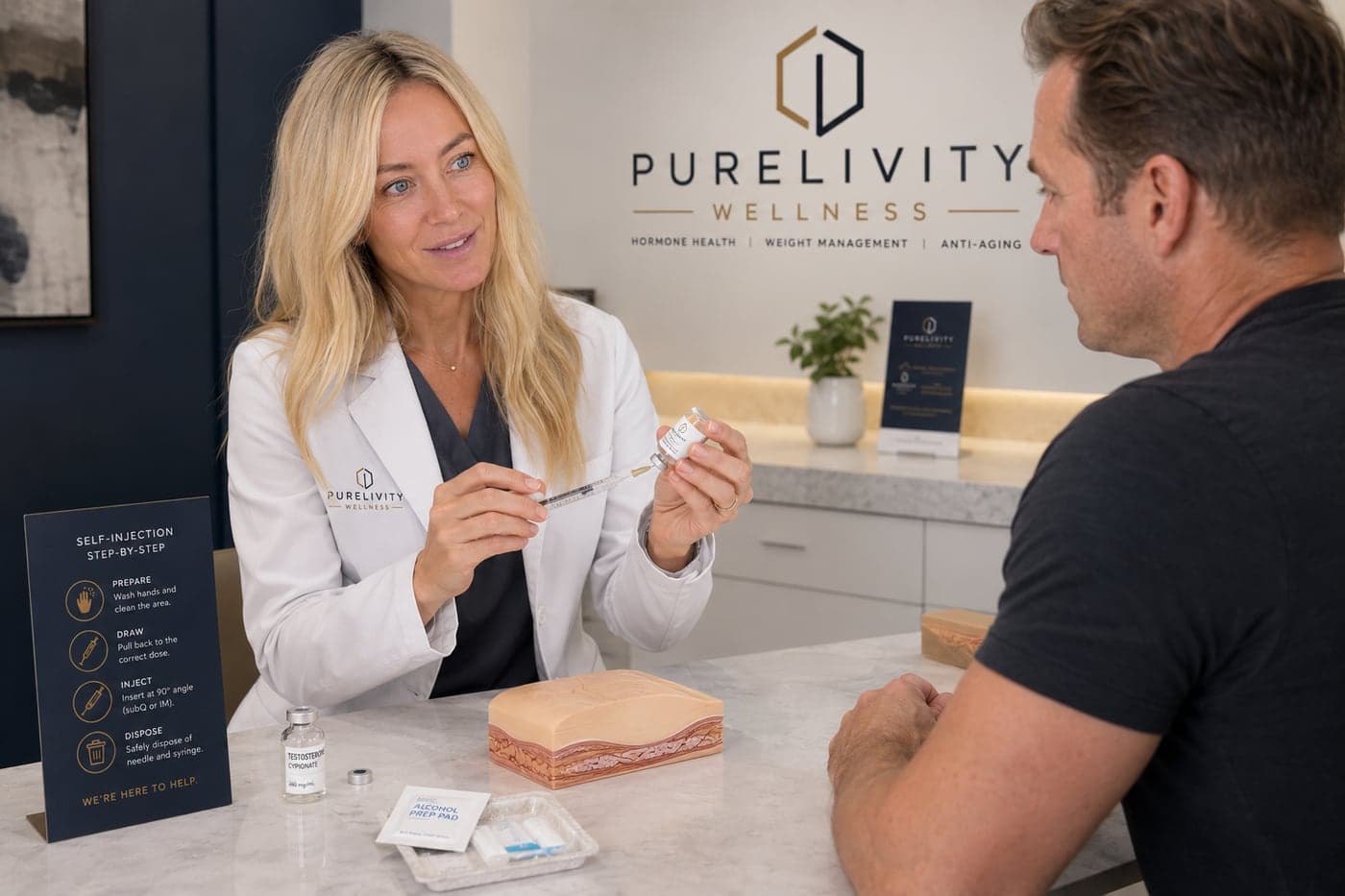 A Purelivity Wellness nurse practitioner walking a patient through testosterone injection technique during a consultation