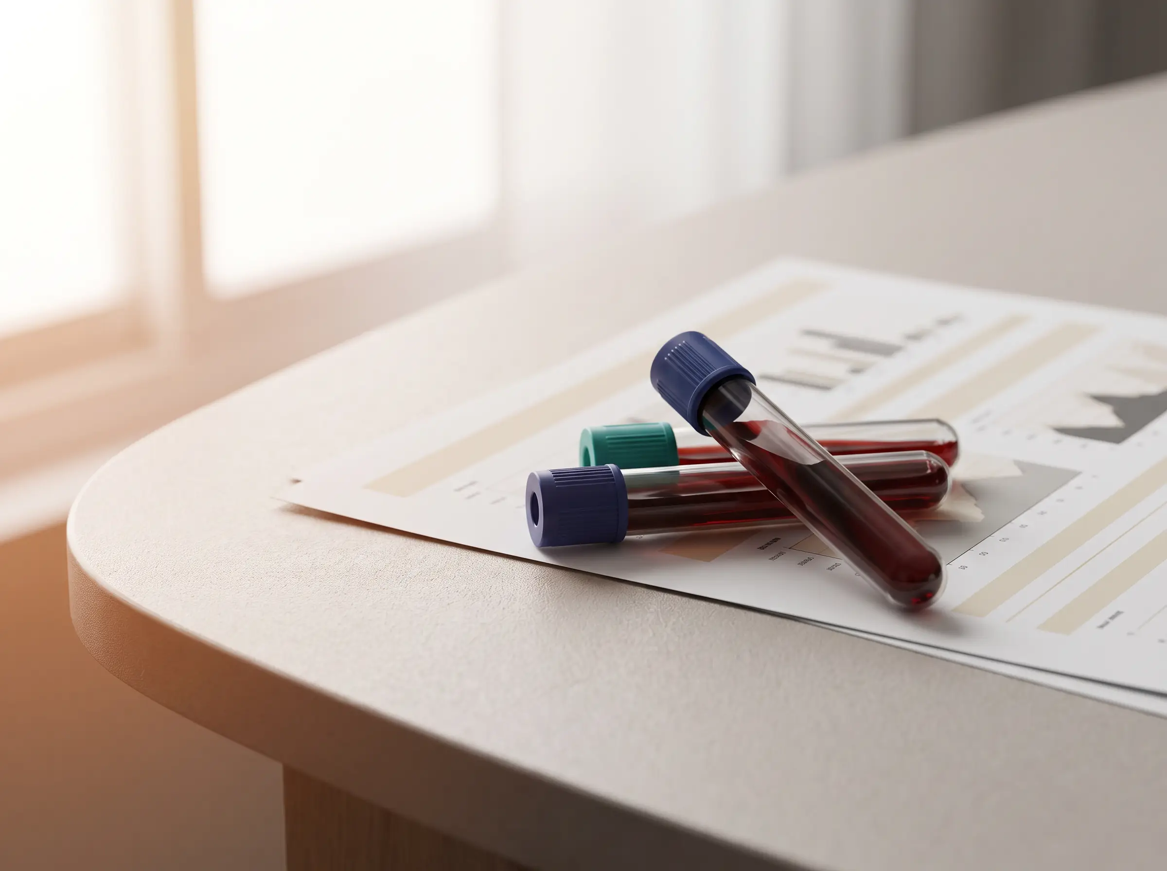 Blood collection tubes resting on a lab results sheet in morning light