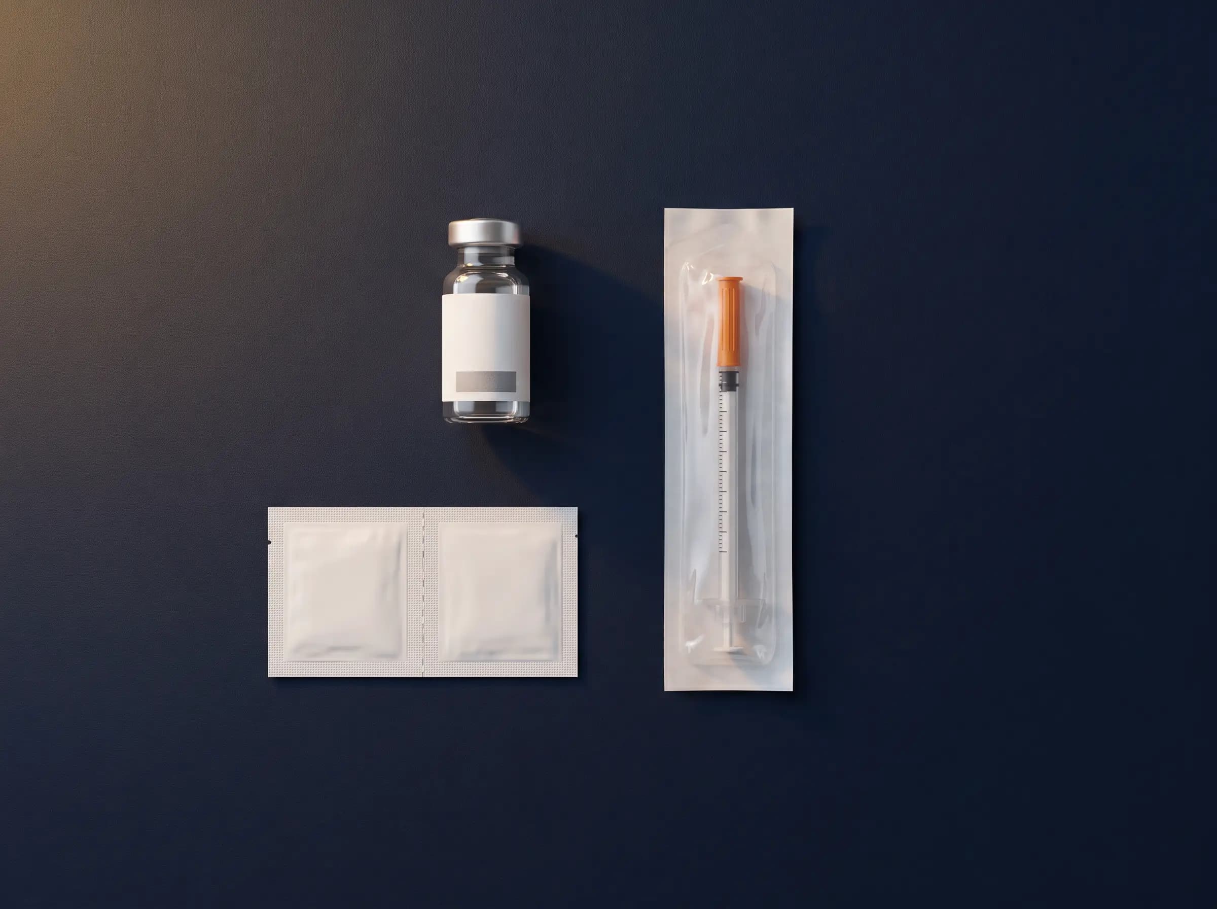 A medication vial, sealed syringe, and alcohol prep pads arranged on a navy surface