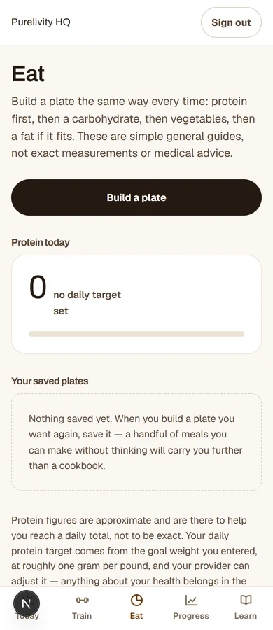 The Eat screen in Purelivity+