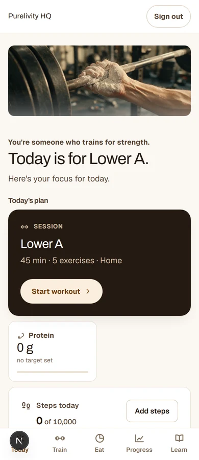 The Today screen in Purelivity+